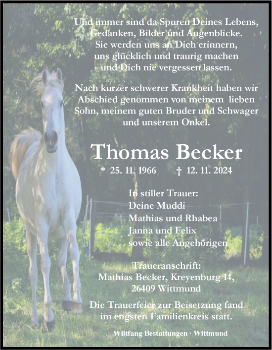 Traueranzeige von Thomas Becker von WZ/JW/AH