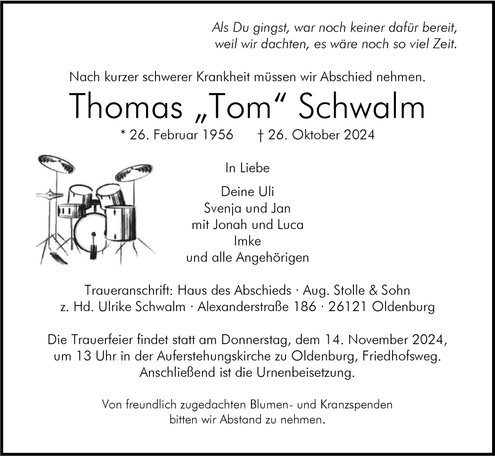  Traueranzeige für Thomas Schwalm vom 09.11.2024 aus Nordwest-Zeitung