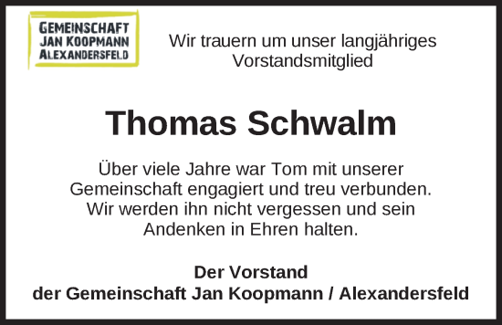 Traueranzeige von Thomas Schwalm von Nordwest-Zeitung