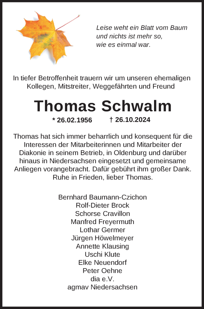  Traueranzeige für Thomas Schwalm vom 09.11.2024 aus Nordwest-Zeitung