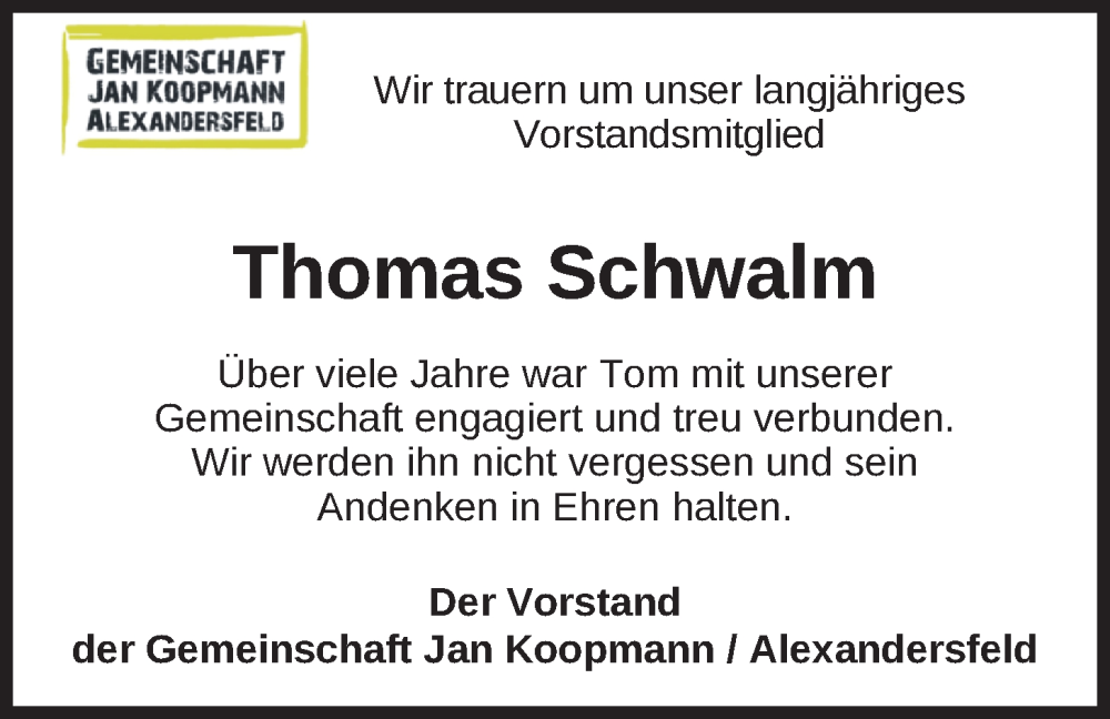  Traueranzeige für Thomas Schwalm vom 09.11.2024 aus Nordwest-Zeitung