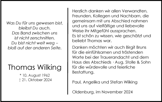 Traueranzeige von Thomas Wilking von Nordwest-Zeitung
