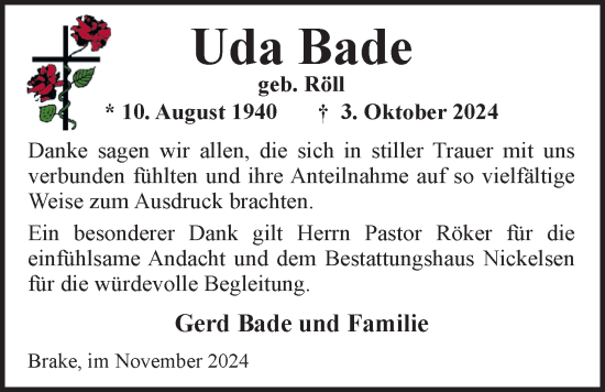 Traueranzeige von Uda Bade von Nordwest-Zeitung