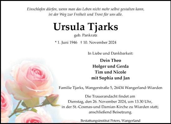 Traueranzeige von Ursula Tjarks von WZ/JW/AH