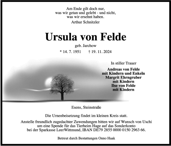 Traueranzeige von Ursula von Felde von WZ/JW/AH