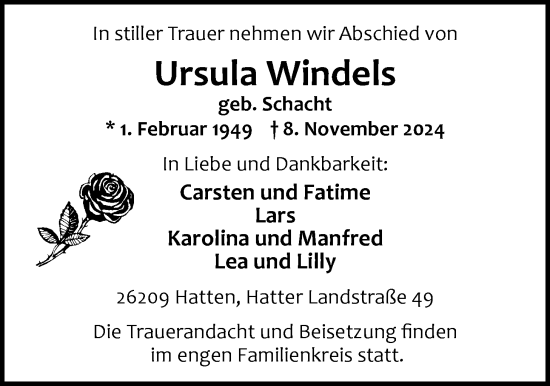 Traueranzeige von Ursula Windels von Nordwest-Zeitung