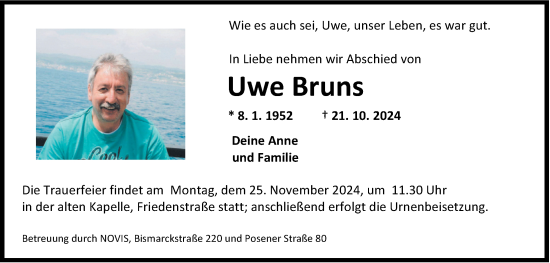 Traueranzeige von Uwe Bruns von WZ/JW/AH