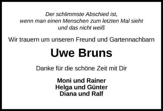 Traueranzeige von Uwe Bruns von WZ/JW/AH