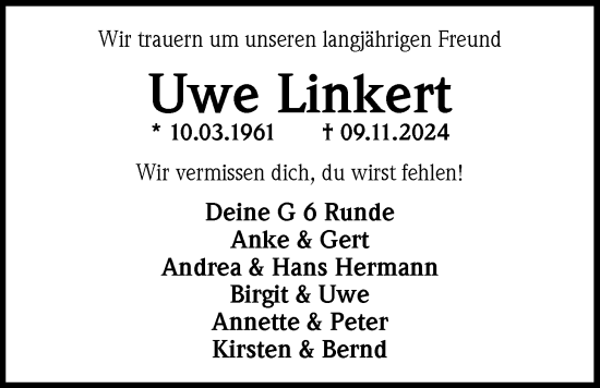 Traueranzeige von Uwe Linkert von Nordwest-Zeitung