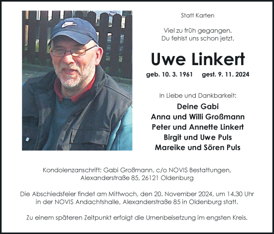 Traueranzeige von Uwe Linkert von Nordwest-Zeitung