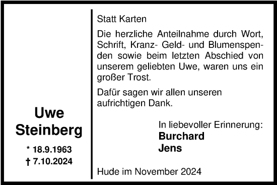 Traueranzeige von Uwe Steinberg von Nordwest-Zeitung