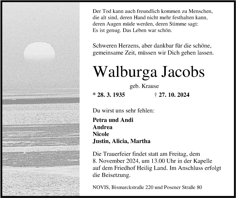  Traueranzeige für Walburga Jacobs vom 02.11.2024 aus WZ/JW/AH