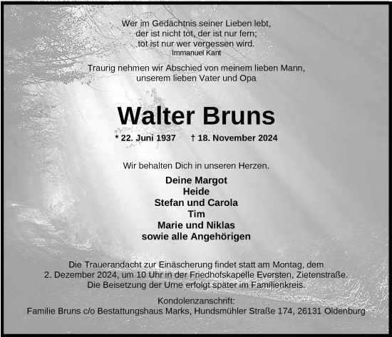 Traueranzeige von Walter Bruns von Nordwest-Zeitung