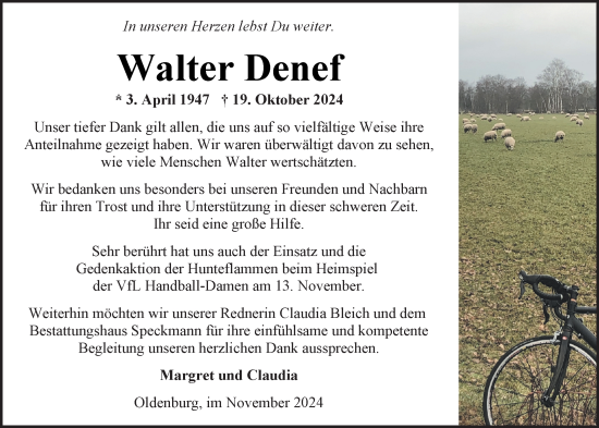 Traueranzeige von Walter Denef von Nordwest-Zeitung