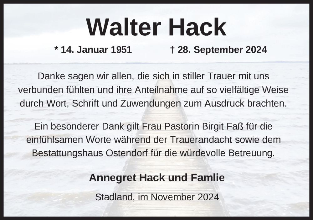  Traueranzeige für Walter Hack vom 16.11.2024 aus Nordwest-Zeitung