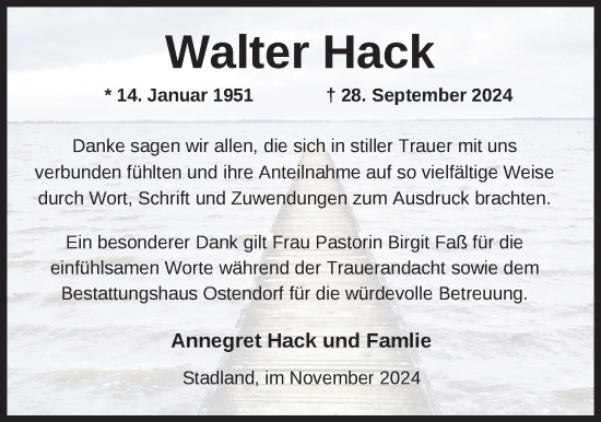 Traueranzeige von Walter Hack von Nordwest-Zeitung