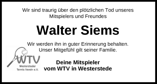 Traueranzeige von Walter Siems von Nordwest-Zeitung