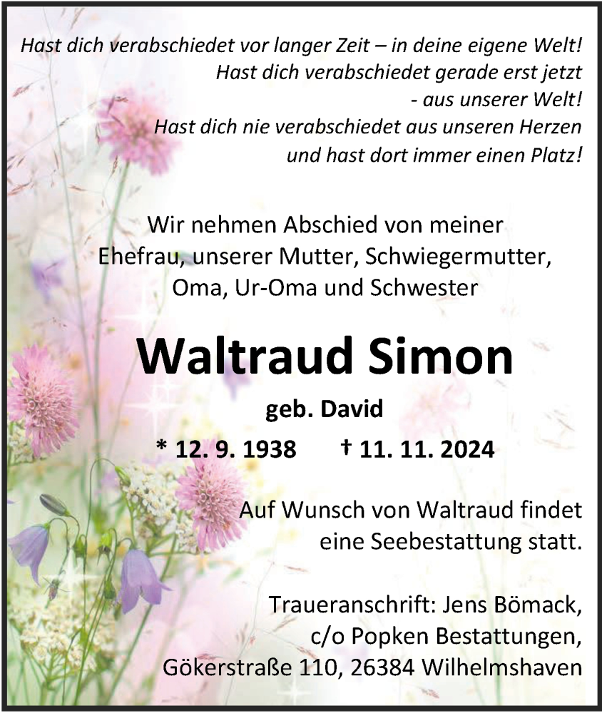  Traueranzeige für Waltraud Simon vom 23.11.2024 aus WZ/JW/AH