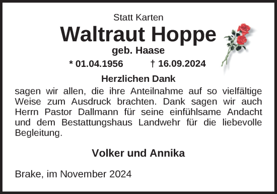 Traueranzeige von Waltraut Hoppe von Nordwest-Zeitung