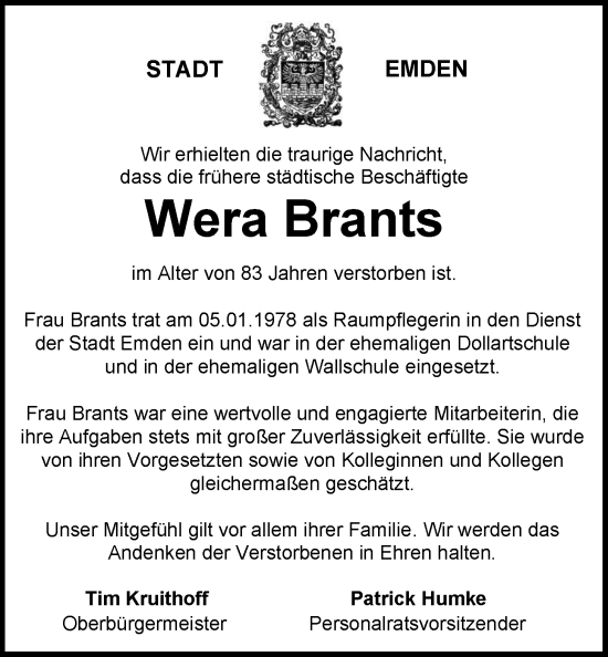 Traueranzeige von Wera Brants von Emder Zeitung