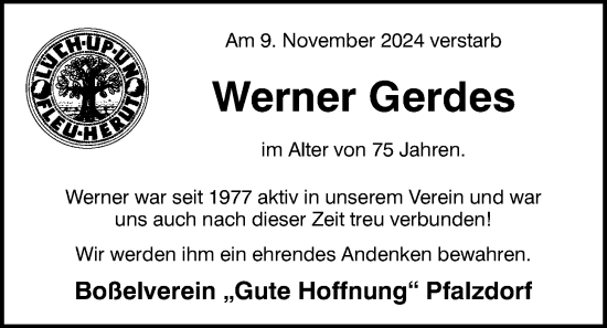 Traueranzeige von Werner Gerdes von WZ/JW/AH