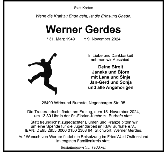 Traueranzeige von Werner Gerdes von WZ/JW/AH