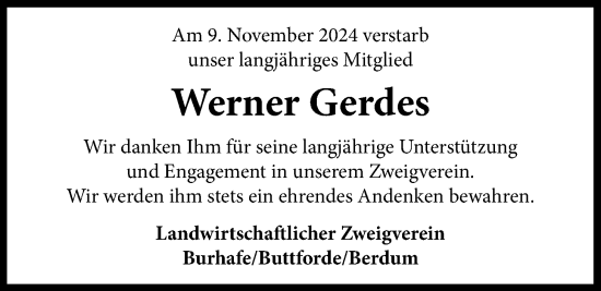 Traueranzeige von Werner Gerdes von WZ/JW/AH