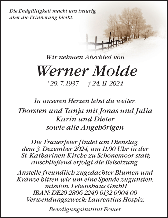 Traueranzeige von Werner Molde von Nordwest-Zeitung