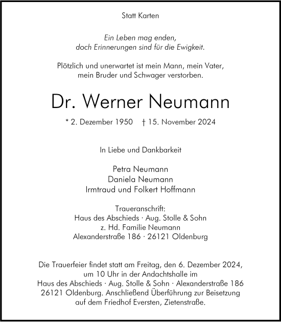 Traueranzeige von Werner Neumann von Nordwest-Zeitung