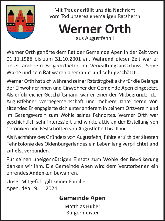 Traueranzeige von Werner Orth von Nordwest-Zeitung