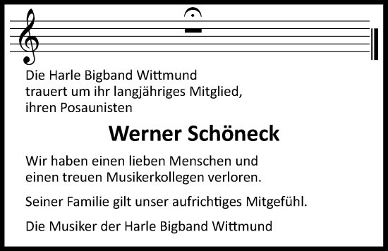 Traueranzeige von Werner Schöneck von WZ/JW/AH