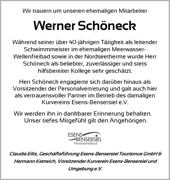 Traueranzeige von Werner Schöneck von WZ/JW/AH