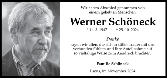 Traueranzeige von Werner Schöneck von WZ/JW/AH