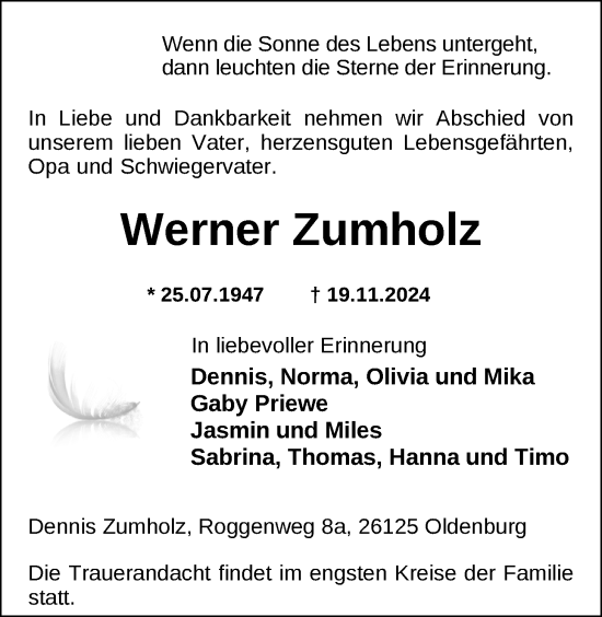 Traueranzeige von Werner Zumholz von Nordwest-Zeitung