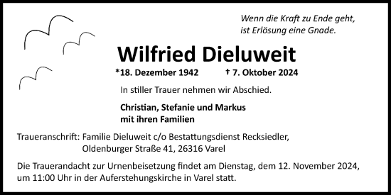 Traueranzeige von Wilfried Dieluweit von Nordwest-Zeitung