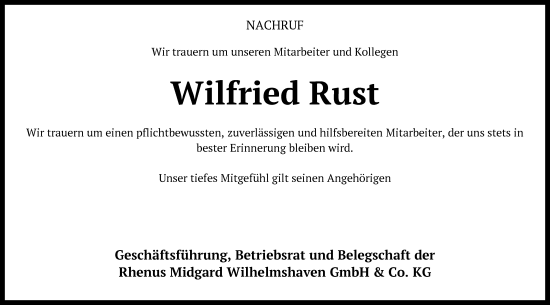 Traueranzeige von Wilfried Rust von WZ/JW/AH