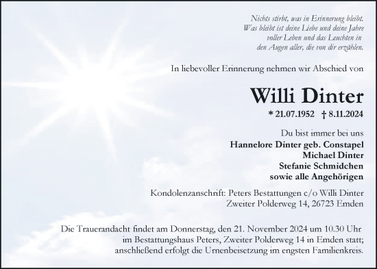 Traueranzeige von Wilhelm Dinter von Emder Zeitung