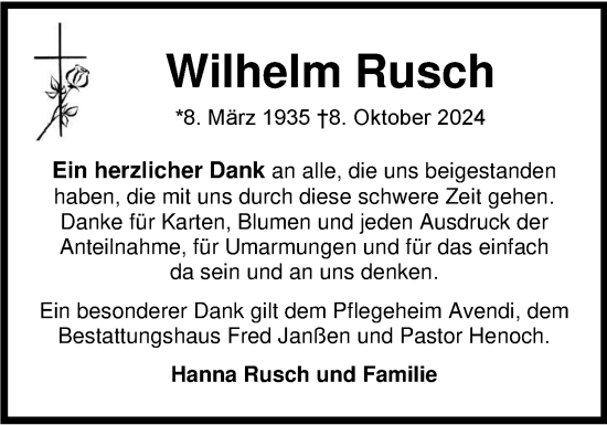 Traueranzeige von Wilhelm Rusch von Nordwest-Zeitung