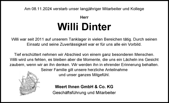 Traueranzeige von Willi Dinter von Emder Zeitung