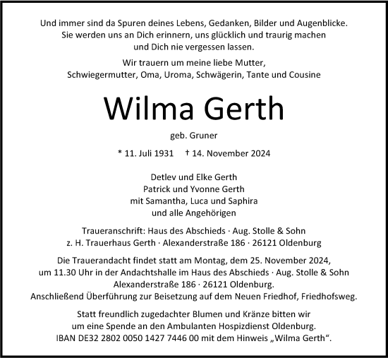 Traueranzeige von Wilma Gerth von Nordwest-Zeitung