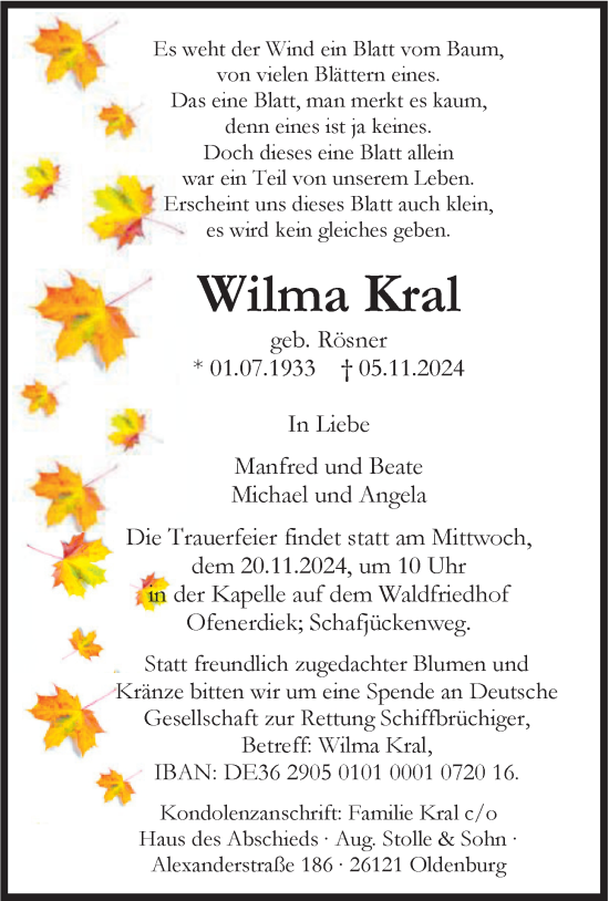 Traueranzeige von Wilma Kral von Nordwest-Zeitung