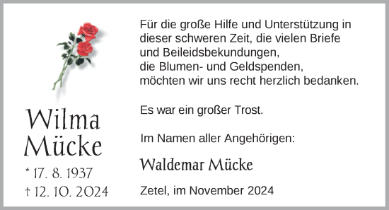 Traueranzeige von Wilma Mücke von Nordwest-Zeitung