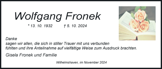Traueranzeige von Wolfgang Fronek von WZ/JW/AH