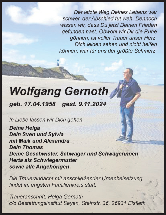 Traueranzeige von Wolfgang Gernoth von Nordwest-Zeitung