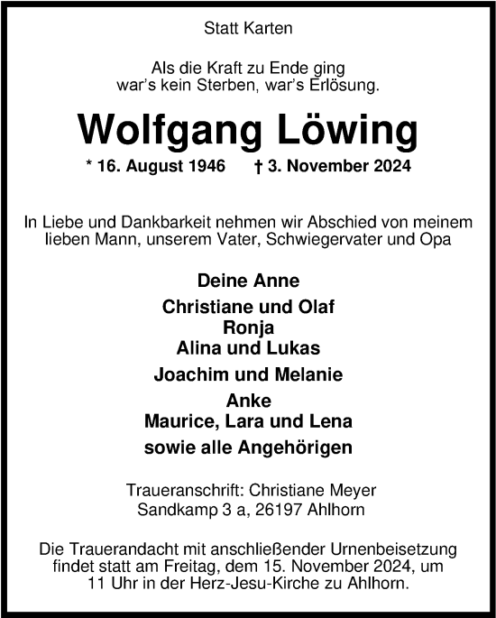 Traueranzeige von Wolfgang Löwing von Nordwest-Zeitung