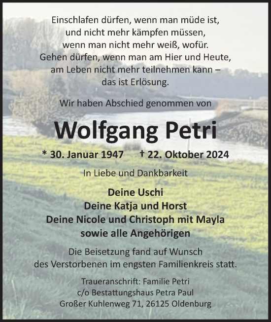 Traueranzeige von Wolfgang Petri von Nordwest-Zeitung