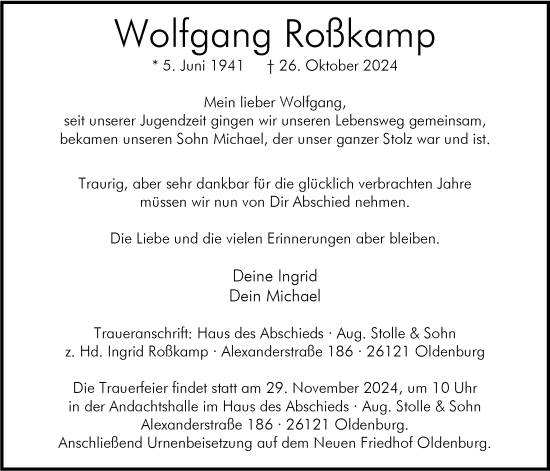 Traueranzeige von Wolfgang Roßkamp von Nordwest-Zeitung
