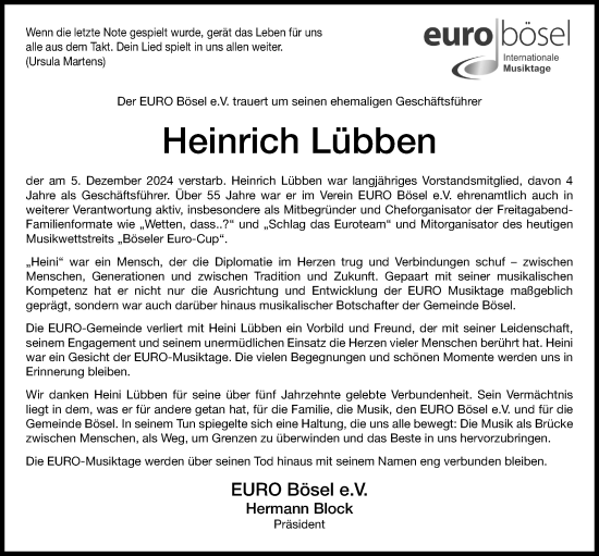 Traueranzeige von Heinrich Lübben von Nordwest-Zeitung