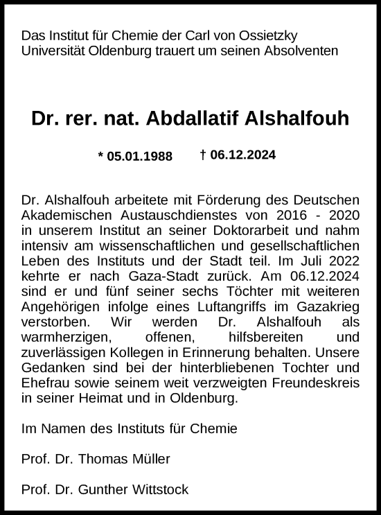 Traueranzeige von Abdallatif Alshalfouh von Nordwest-Zeitung