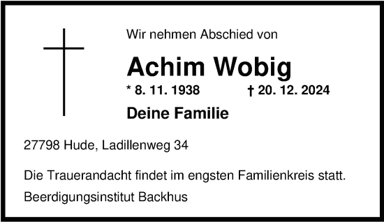 Traueranzeige von Achim Wobig von Nordwest-Zeitung